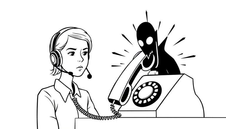 Zwart-wit kleurplaat van een callcentermedewerkster met een headset die angstig kijkt naar een monster dat uit een draaischijftelefoon komt. Het monster heeft grote ogen, scherpe tanden en puntige uitsteeksels, omringd door agressieve lijnen.