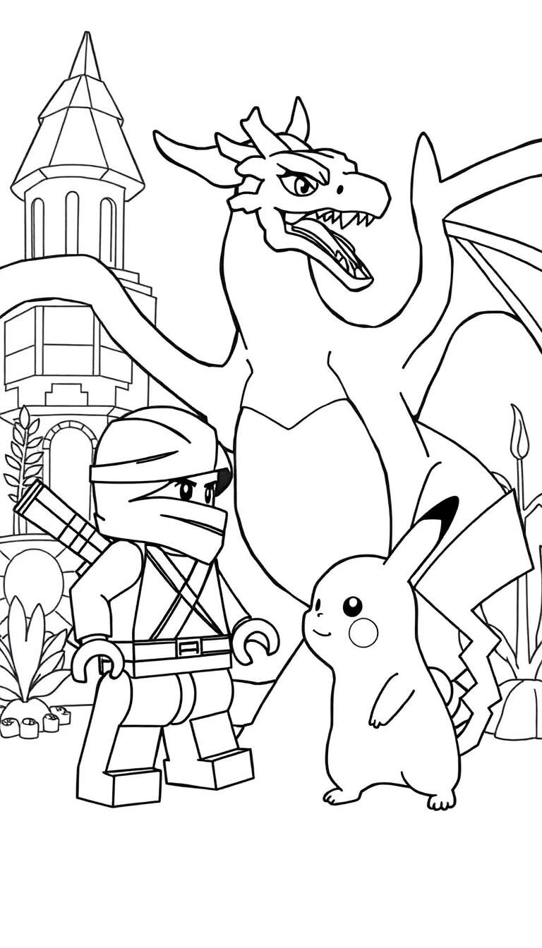 Kleurplaat van een grote Charizard met open mond boven een Lego-ninja met wapens en een vrolijke Pikachu, in de buurt van een kasteel. Diverse figuren en een achtergrond met gebouwen en planten.