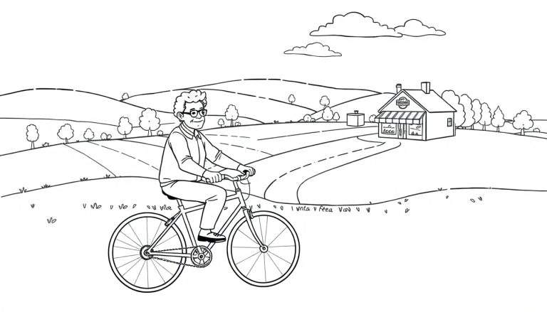 Zwart-wit kleurplaat van een lachende oudere man op een fiets in een landelijk landschap met heuvels, bomen en een winkel.