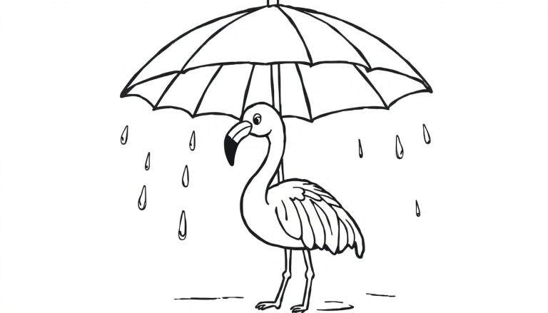 Zwart-wit lijntekening van een flamingo die rechtop staat onder een paraplu terwijl het regent. Regendruppels zijn zichtbaar rondom.