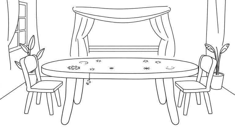 Zwart-witte lijntekening van een kamer met een ovale tafel, twee stoelen, twee potplanten en gordijnen.