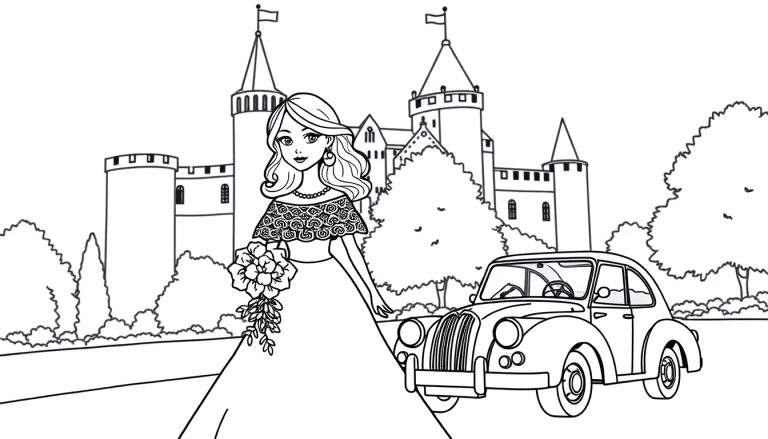 Zwart-wit kleurplaat met een elegante vrouw in een lange jurk en bloemenboeket, een vintage auto en een kasteel in een park.