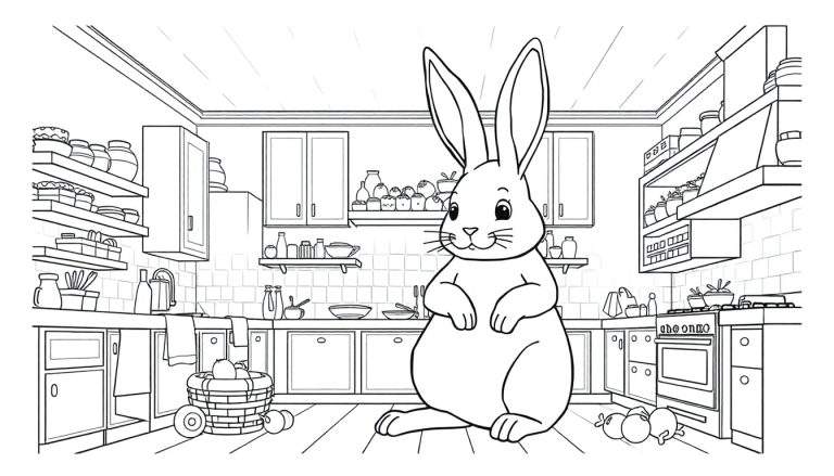 Zwart-wit lijntekening van een glimlachend konijn dat rechtop zit in een keukenomgeving, met planken vol potten, een gootsteen, een fornuis en appels op de grond.