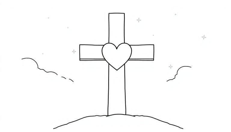 Eenvoudige lijntekening van een kruis met een hart in het midden, staand op een heuvel, met sterretjes op de achtergrond.