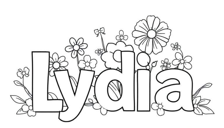 Zwart-wit kleurplaat van de naam 'Lydia' met bloemen en blaadjes.