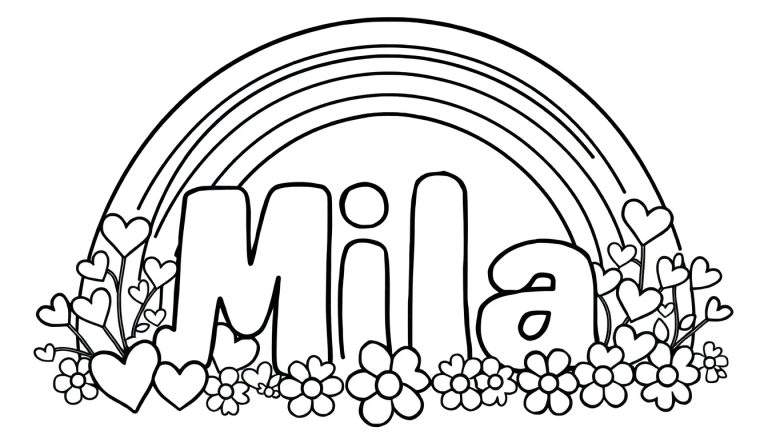 Zwart-wit lijntekening van de naam Mila, omringd door een regenboog, hartjes en bloemen, klaar om gekleurd te worden.