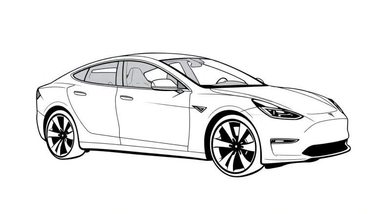 Zwart-wit lijntekening van een moderne auto, waarschijnlijk een Tesla Model 3, in driekwart vooraanzicht met gedetailleerde velgen en effen witte achtergrond.