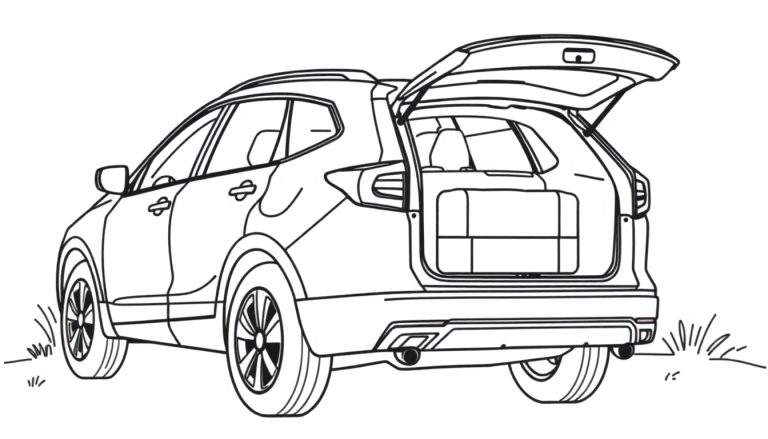 Kleurplaat van een moderne SUV van achteren en van de zijkant, met de achterklep open en twee koffers zichtbaar in de bagageruimte. Omringd door gras.
