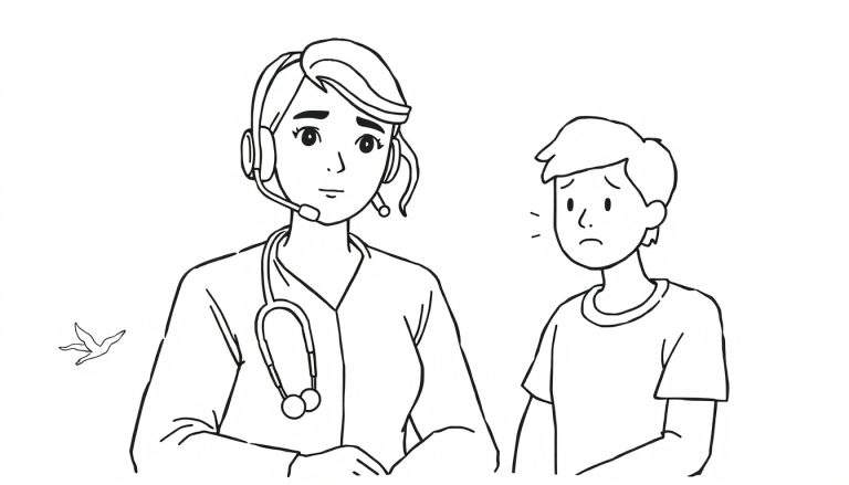 Kleurplaat met een vrouw met headset en stethoscoop die bezorgd naar een verdrietige jongen kijkt, met een klein vogeltje dat links vliegt.