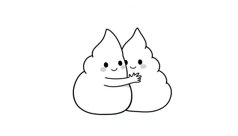 Zwart-wit tekening van twee schattige, wolk-achtige wezentjes die elkaar omhelzen, met stipjes als ogen en blosjes.