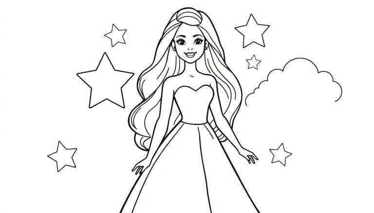 Kleurplaat van een lachend meisje met lang golvend haar, een strapless baljurk, sterren en een wolk.