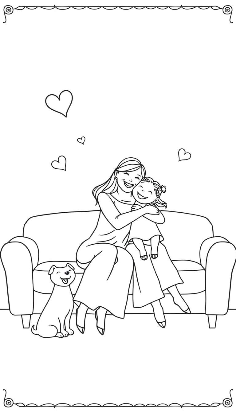 Zwart-wit lijntekening van een moeder en dochter die elkaar knuffelen op een bank, met een lachende hond ervoor. Hartjes zweven boven hen.