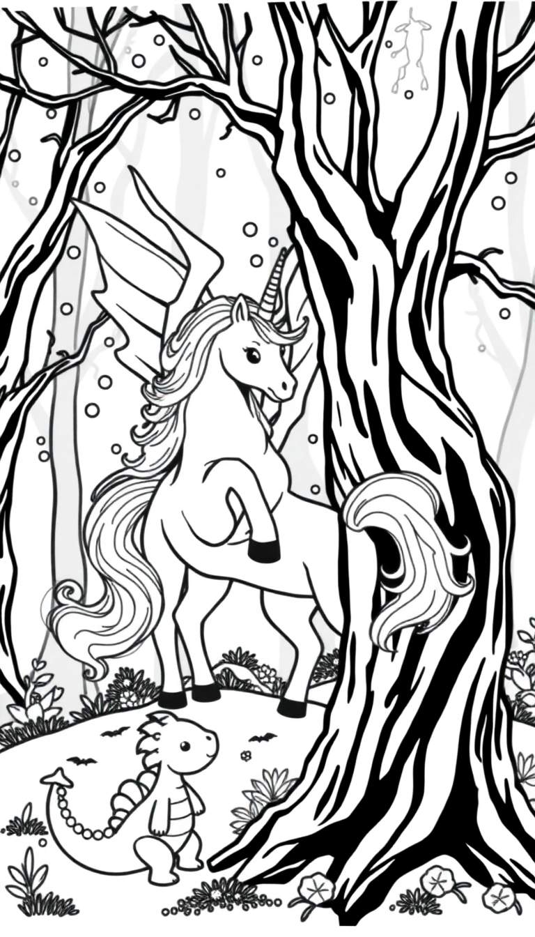 Zwart-wit kleurplaat van een boslandschap met een vliegende eenhoorn met hoorn en vleugels, een klein draakje op de grond, bomen met veel takken, en magische stippen in de lucht.