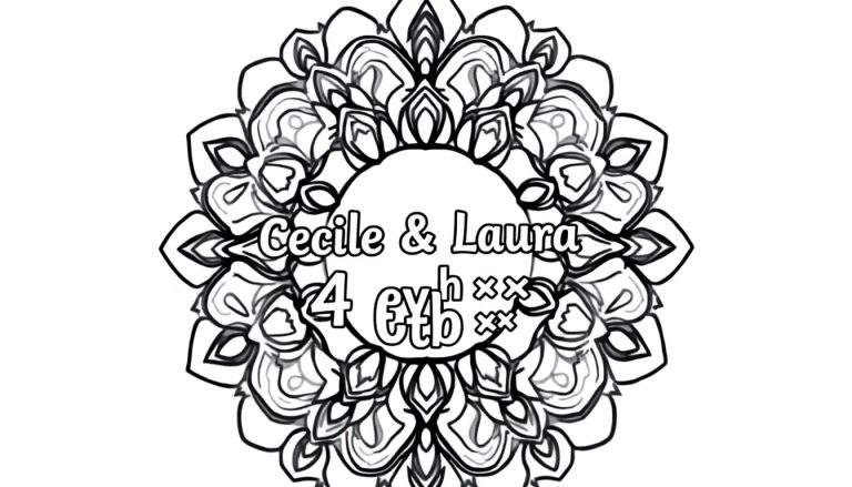 Zwart-wit mandala kleurplaat met symmetrische patronen, de tekst 'Cecile & Laura' en '4€tbʰ xx' in het midden, op een witte achtergrond.