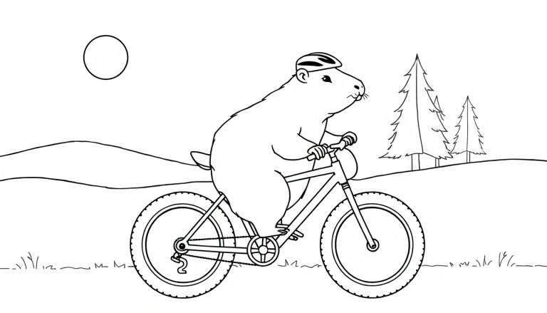 Kleurplaat van een mollige marmot met helm op een mountainbike, rijdend door een landschap met heuvels en bomen.