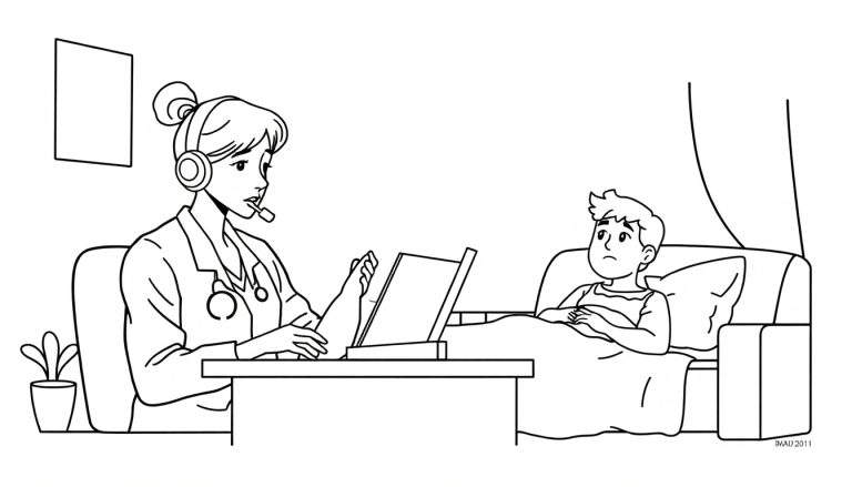 Kleurplaat van een medische scène: een vrouwelijke dokter met stethoscoop en headset achter een bureau, kijkt naar een laptop. Naast haar staat een plant. In bed zit een jonge jongen met een deken, achter hem zijn gordijnen.