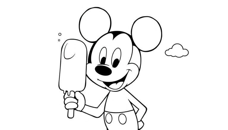 Mickey Mouse met een breed lachende gezicht houdt een smeltend ijsje vast. Drupjes ijs en een wolkje zijn zichtbaar.