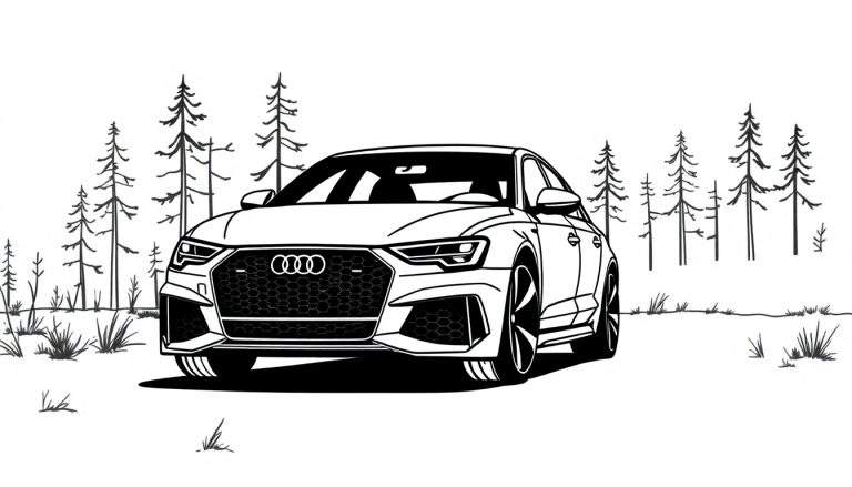 Zwart-wit minimalistische kleurplaat van een sportieve Audi auto met vierringenlogo, afgebeeld in een bosrijke omgeving.