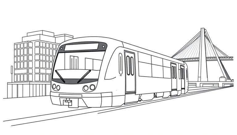 Zwart-wit lijntekening van een moderne metro in een stedelijke omgeving met gebouwen en een tuibrug.