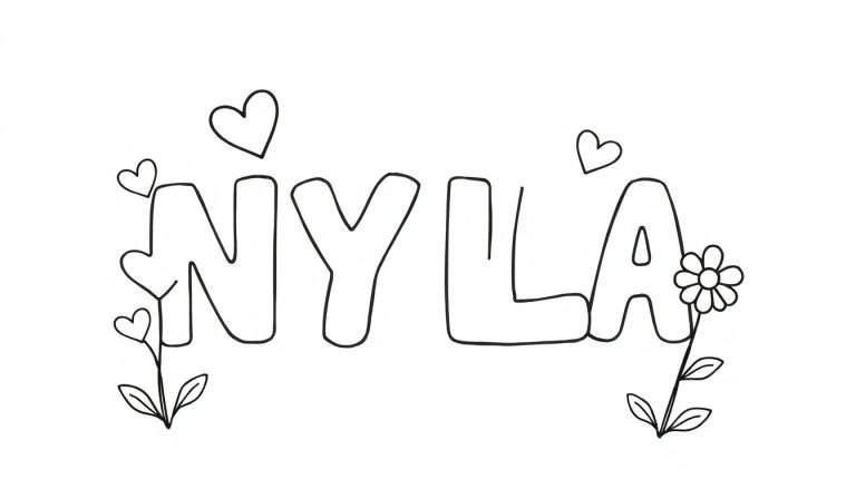Kleurplaat van de naam NYLA in dikke bellenletters, met decoraties zoals hartjes en bloemen.