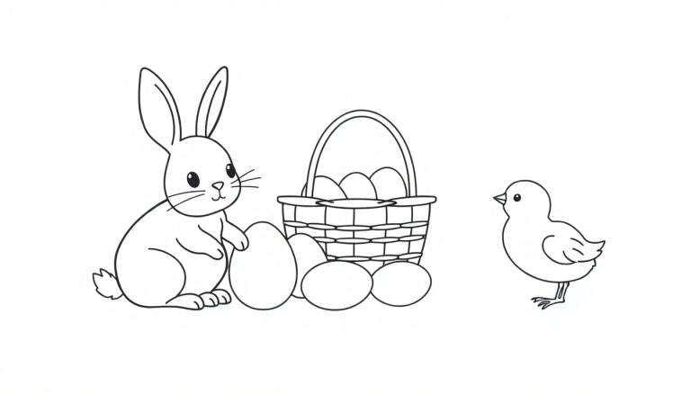 Kleurplaat met een schattig konijn, een mand met eieren en een kuiken.