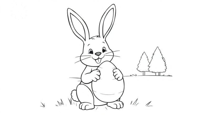 Zwart-wit tekening van een cartoon paashaas die een paasei vasthoudt, met bomen, gras en een zonnetje.
