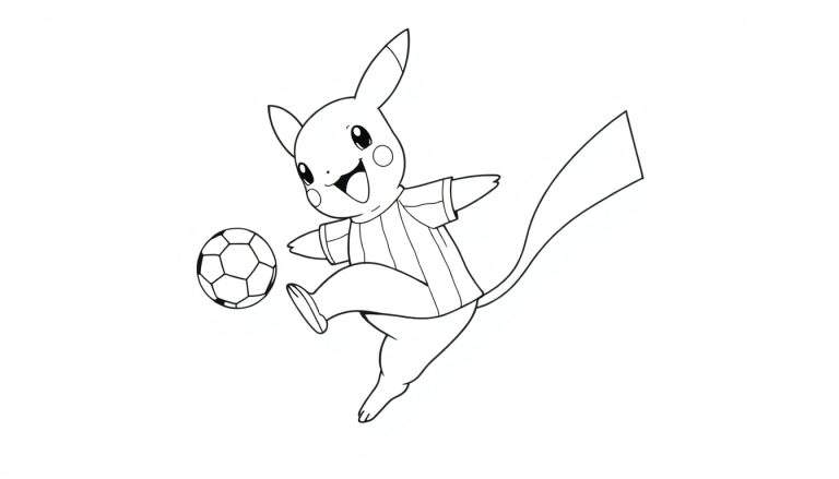 Kleurplaat van Pikachu die voetbal schopt met een grote lach.
