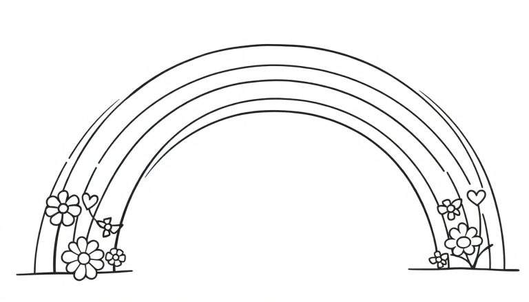 Zwart-wit lijntekening van een open regenboog met vier bogen, omringd door bloemen en hartjes aan de zijkanten, boven een horizontale grondlijn.
