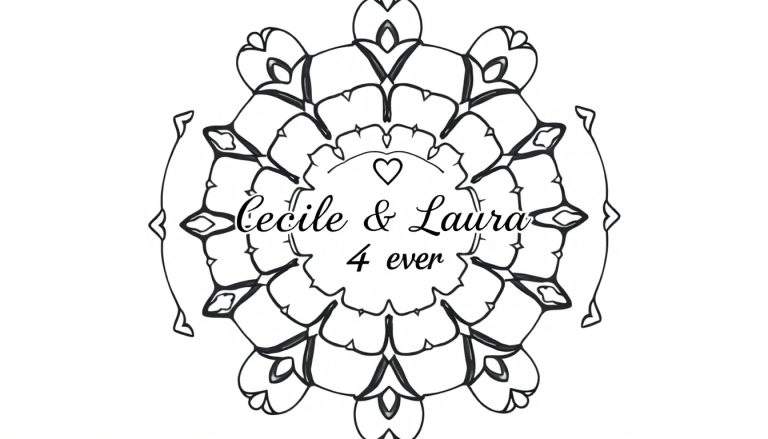 Zwart-witte mandala kleurplaat met tekst 'Cecile & Laura 4 ever' en een hartje.