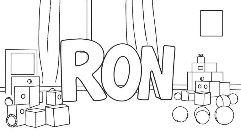 Zwart-witte kleurplaat met de naam RON centraal, omringd door speelgoed, dozen en meubilair in een kamer.