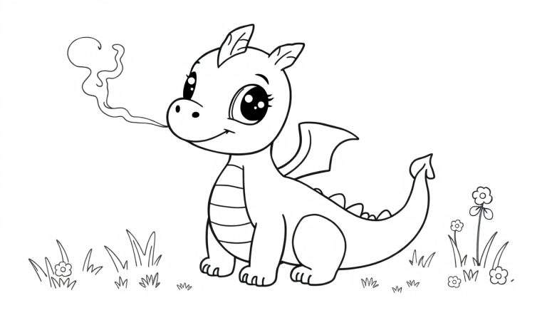 Zwart-wit tekening van een schattig draakje met grote ogen, glimlach en wimpers, zittend in het gras met kleine bloemetjes, terwijl het rook uitblaast.