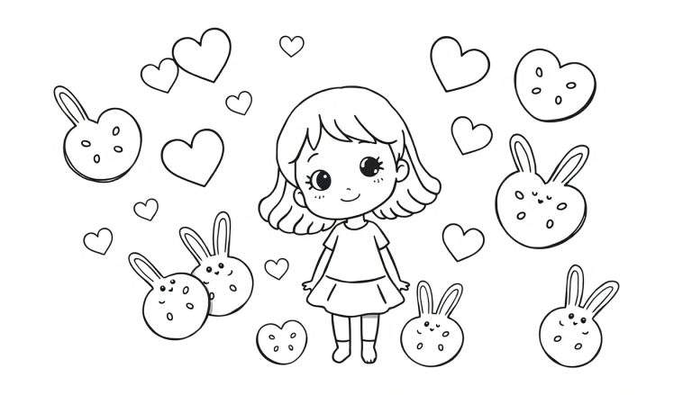 Kleurplaat van een schattig meisje met kort haar, omringd door hartjes en ronde konijnenfiguurtjes met stippen.