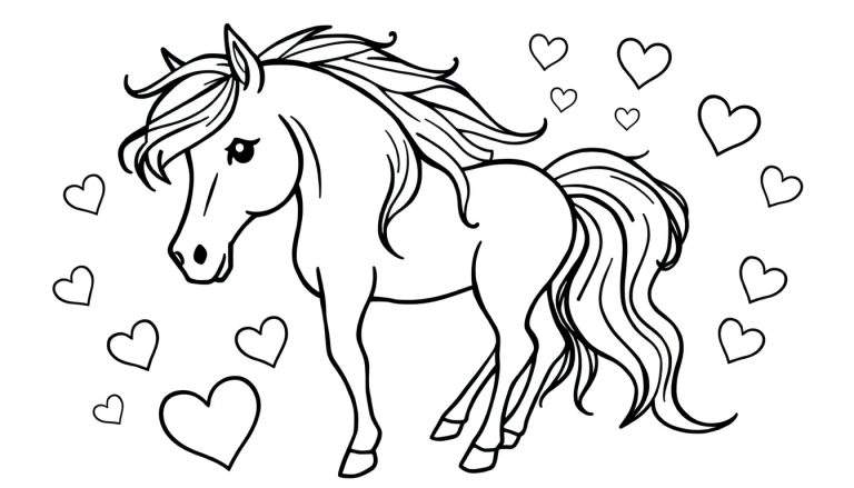 Cartoon paard kleurplaat met hartjes