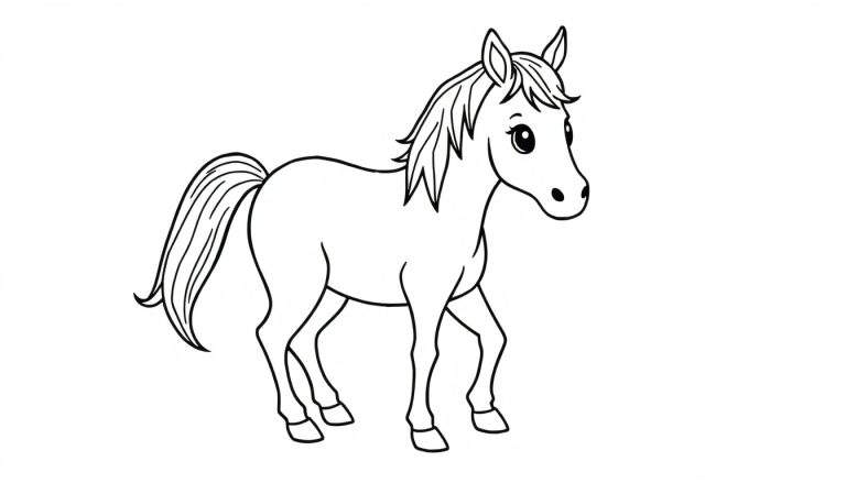 Een lijntekening van een vriendelijk, schattig paard met grote ogen, klaar om ingekleurd te worden.