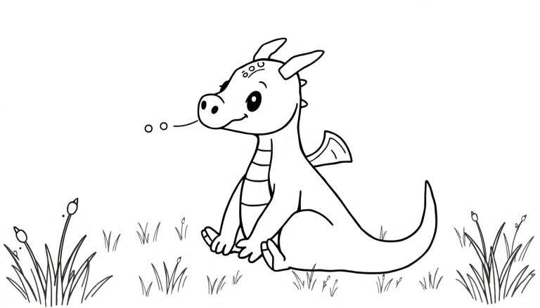 Zwart-wit kleurplaat van een schattige, jonge draak die rechtop zit in het gras. De draak heeft grote ogen, een glimlach, kleine vleugels en twee hoorntjes. Uit zijn mond komen drie belletjes. Rondom hem staan graspollen en hogere planten zoals lisdodden.