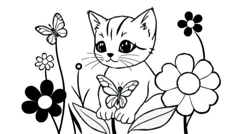 Kleurplaat van een schattig cartoon poesje met grote ogen dat vriendelijk kijkt, zittend tussen bloemen en bladeren. Een vlinder zit op zijn voorpootjes. Twee andere vlinders vliegen rondom. Zwart-wit lijntekening.