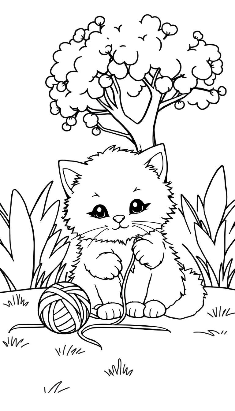 Zwart-wit kleurplaat van een schattig katje met grote ogen, zittend in gras en spelend met een bolletje wol. Op de achtergrond een grote boom met vogeltjes.