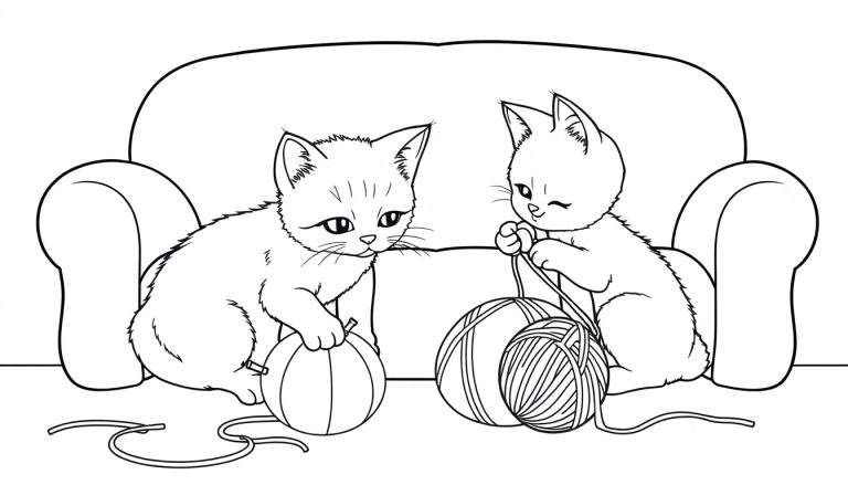 Zwart-wit tekening van twee schattige katjes die spelen met rollen wol rondom een bank.