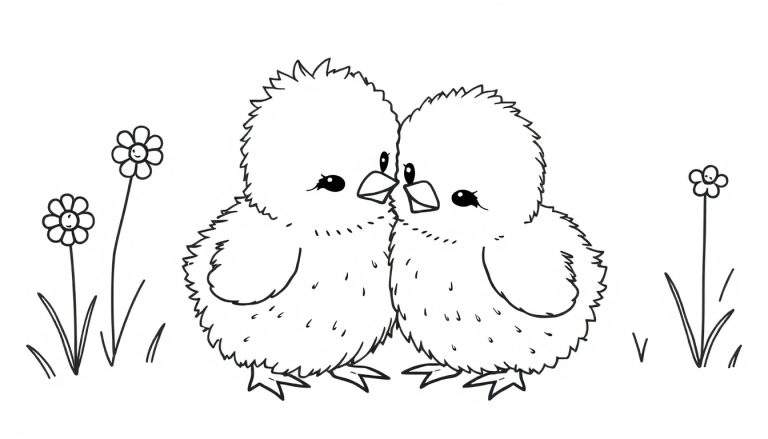 Zwart-wit tekening van twee schattige, donzige kuikentjes die elkaar liefdevol aankijken, met bloemetjes en gras.
