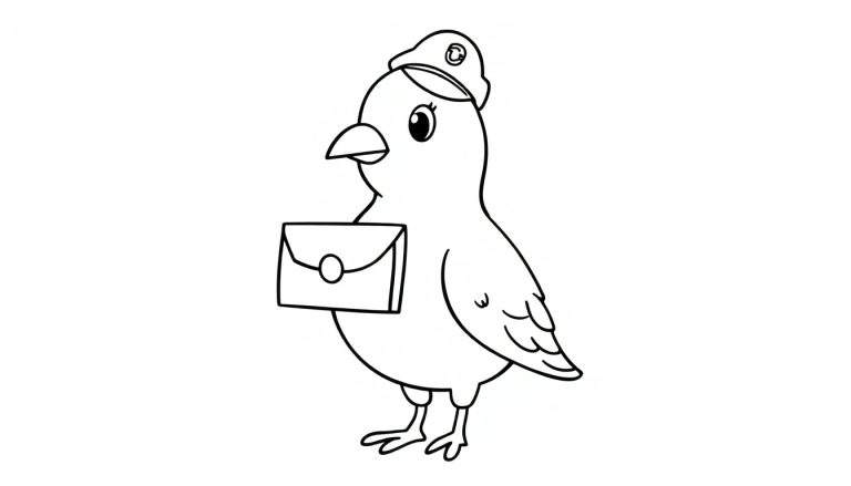 Zwart-wit lijntekening van een schattige cartoonvogel met een postbodepet en een envelop.