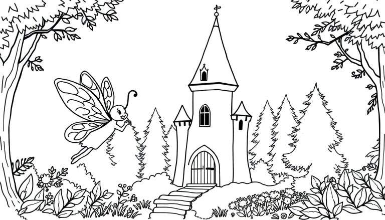 Zwart-wit kleurplaat van een sprookjeskasteel met een spits dak, omringd door bomen en een vliegende vlinderfee die een plant vasthoudt.