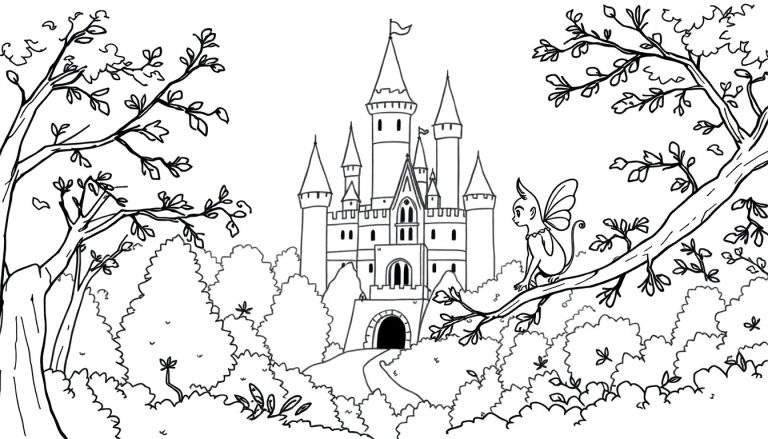 Zwart-wit lijntekening van een sprookjesachtig kasteel met spitse torens, vlaggen, omringd door bomen, met een elfje op een tak en een pad naar de ingang.