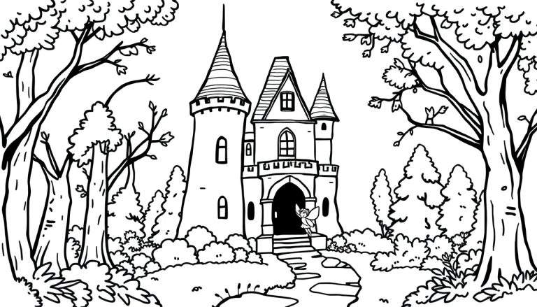 Zwart-wit kleurplaat van een sprookjeskasteel met meerdere torens, eenpuntdak, balkon, boogvormige ingang, omringd door dichte bossen met hoge bomen en struiken. Een kronkelend stenen pad leidt naar de ingang, waar een kleine fee met vleugels zweeft.