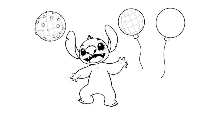 Kleurplaat van Stitch die enthousiast lacht, met een bolvormig object lijkend op een planeet links en twee ballonnen rechtsboven.