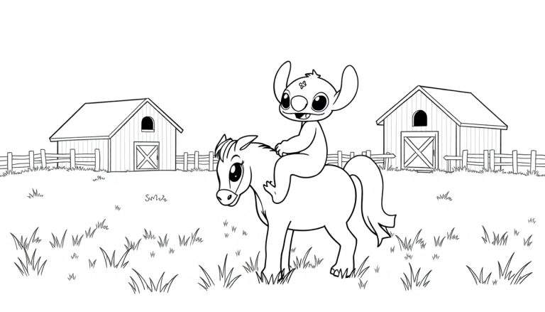 Zwart-wit lijntekening van Stitch van Lilo & Stitch die op een paard rijdt, met houten schuren op de achtergrond.
