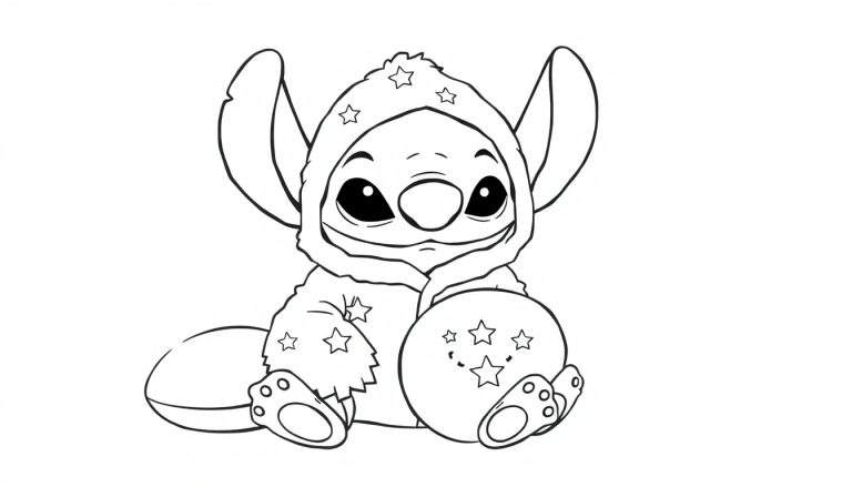 Lijntekening van Stitch met een sterren hoodie en een Dragon Ball