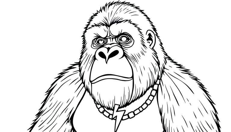 Kleurplaat van een stoere gorilla, frontaal afgebeeld, met een serieuze uitdrukking, grote ogen, gefronste wenkbrauwen en een dikke schakelketting met bliksemschicht hanger.