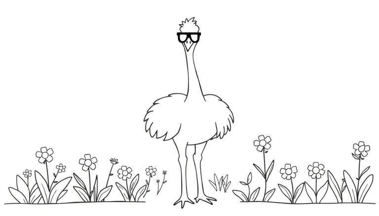 Kleurplaat van een struisvogel met bril en bloemen
