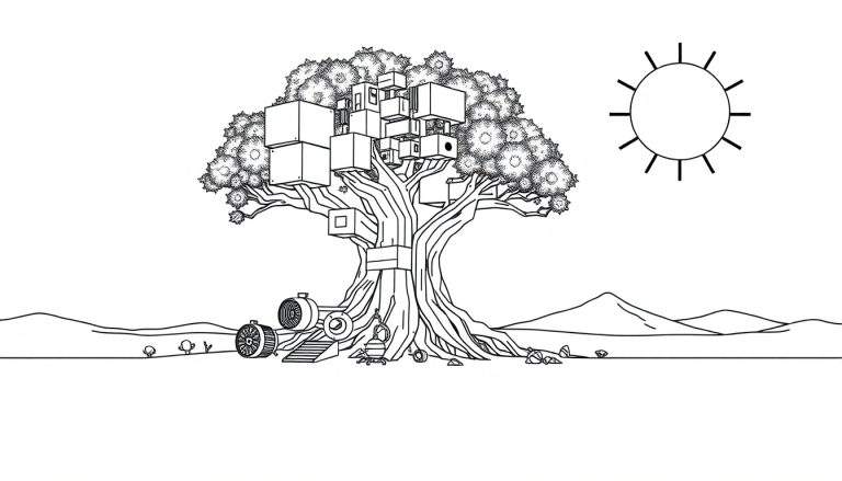 Zwart-wit lijntekening van een surrealistische boom met kubusvormige structuren aan de stam en takken. Er liggen mechanische objecten aan de voet van de boom en op de grond. Een gestileerde zon is zichtbaar in de lucht boven glooiende heuvels.