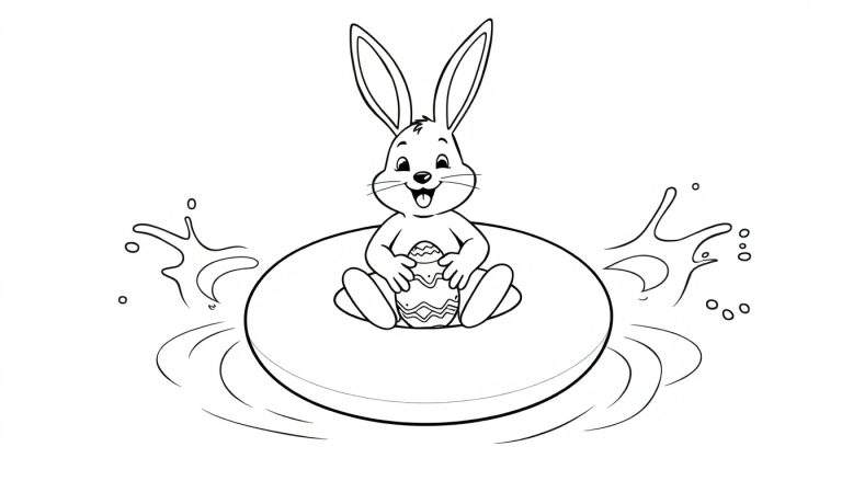 Een zwart-wit lijntekening van een blij konijntje in een zwemband op het water met een paasei.